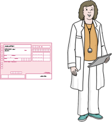 Grafik Leichte Sprache: Ärztin/Arzt in Kittel und ein Rezept